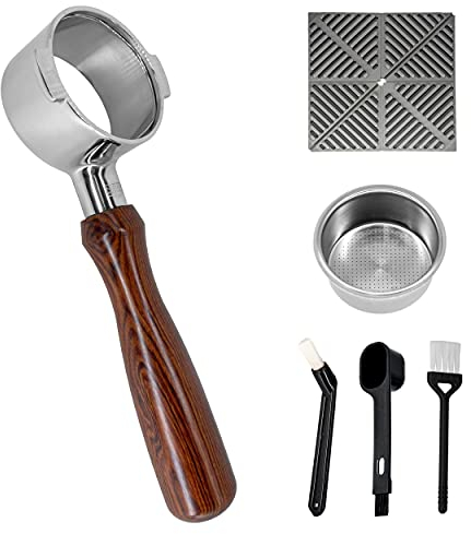 NEOUZA Coffee 51mm Bottomless Portafilter Compatible with DeLonghi Icona ECP ECOV311 Espresso Machine, No Base Filter Holder, Wooden Coffee Handle Fillter Basket, Brushes,Spoon,Tamper mat (2 Ear)