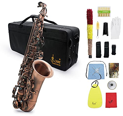 Btuty Eb E-flat Sassofono Contralto Sax Abalone Shell Chiave Carve Pattern con Caso Guanti Panno di Pulizia Cinghie Spazzola (Marrone rossastro)