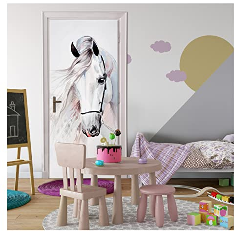 Türtapete Selbstklebend Pferde - 91x211 cm einteilig - Türposter Fototapete für Tür Wohnzimmer Küche Badezimmer Türaufkleber Türfolie UV-Beständig Montagefertig