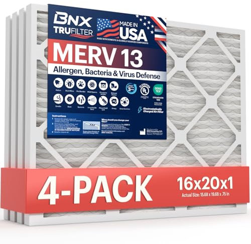 BNX TruFilter 16x20x1 Air Filter MERV 13 (4-Pack) - MADE IN USA - Electrostatic Pleated Air Conditioner HVAC AC Furnace Filters for Allergies, Pollen, Mold, Bacteria, Smoke, Allergen, MPR 1900 FPR 10