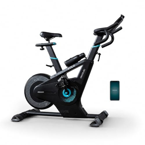 Cecotec Bicicleta Estática de Resistencia de Aire y Magnética DrumFit Indoor Eolo. APP y Pantalla LED, Volante de Inercia 6Kg, Soporte Dispositivos y Botella, Pulsómetro Banda Pectoral, 6 Kg