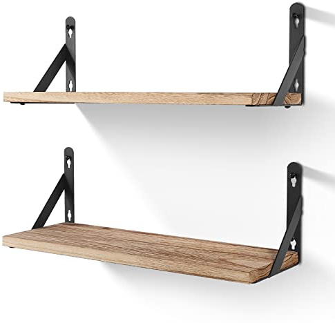 AGM Floating Shelves Set of 2, Rustic Light Wooden Wall Mounted Shelf | Light Brown Wall Shelves for Bedroom, Living Room, Kitchen, and Laundry Room Storage and Decoration