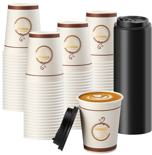 TOROTON 100 Pack Paper Coffee Cups, Disposable Paper Cups for Cold & Hot Drinks, 8OZ(240ml) Recyclable Kraft Takeaway Coffee Tea Cups with Lids, Party, Home,Office,Travel