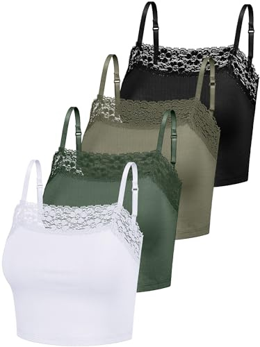 Bencailor Lot de 4 Camisoles pour Femme avec Bordure en Dentelle - Débardeurs en Dentelle Respirante pour Fille, Blanc, Vert cornichon, Vert foncé, Noir, XL