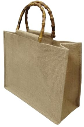 Enigmaire Borsa in Juta con Manico in Bambù, Tote Bag Uncinetto, Manici in Tela, Multiuso Pochette Portatile per La Spesa
