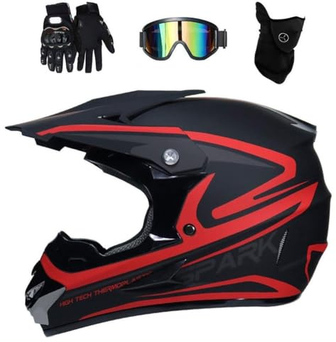 Unisex Integrale MTB Casco da Motocross, Ragazzi Bambini Fuoristrada Moto ATV Scooter Enduro Caschi, Downhill Corsa BMX Quad Dirt Bike Casco, con Occhiali Guanti Maschera(Red,L/56-57CM)