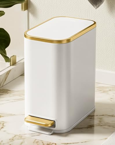 Cesun Small Bathroom Trash Can with Lid Soft Close, 5 Liter/1.3 Gallon Stainless Steel Garbage Can with Removable Inner Bucket, Step Pedal, Slim Waste Basket for Toilet, Office, Bedroom (White&Gold)