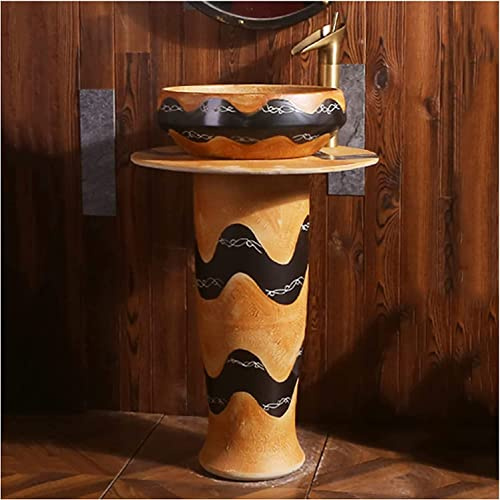 Art Bathroom Basin Sink with Full Pedestal, Pedestal Handcrafted Ceramic washbasin, Round Freestanding Sink,D-Without Mirror (B Without Mirror)
