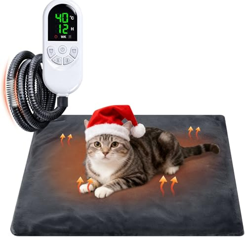 Qoosea Tappetino Riscaldante per Gatti e Cani 45x45cm, Tappeto Termico per Animali con 30-60°C Temperatura Regolabile e Timer, Cuscino Termico Elettrico Cane Sicuro con Cavo Anti-Morso