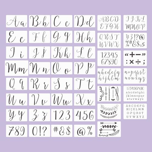 45 stycken alfabet målningssats, återanvändbara mallar med bokstäver, siffror, symboler och ornament för kalligrafi, gör-det-själv, pyssel, scrapbooking, möbler, tyg och kort
