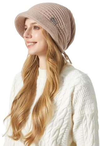 AYPOW kvinnor vinter ull stickad slouchy visir mössa hatt, varm vindtät justerbar fleece fodrad öronskydd basker hattar nyhetspojke-mössa, damer vinter utomhus tillbehör för daglig 55-60 cm, Rosa, one