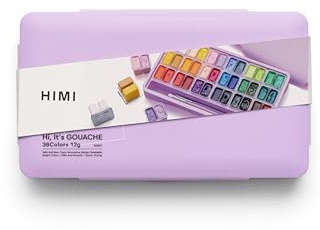 HIMI Twin Cup Gouache Set 36 Paint Colours, 3 Brushes, Pallete, Purple Case, Add Water to Reactivate, Smooth, Rich Colours, Gift, Artist Art Supplies, Large Scale Art Work to Fine Details
