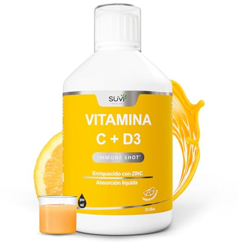 Vitamina C + Zinc + Vitamina D3 - Refuerza tus Defensas, Sistema Inmunológico y Huesos - Máxima Absorción Líquida, Rutina Fácil y Cómoda - Vegano, Sin Edulcorantes, Sabor Naranja, 500ml (33 días)