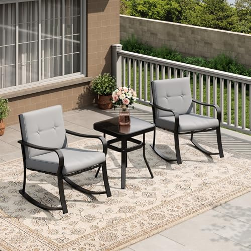 Aptliton 3-Piece Patio Bistro Set – 2 Rocking Chairs with Warm Grey Cushions and a Glass Coffee Table – Ideal for Terraces, Balconies, Pools, and Patios
