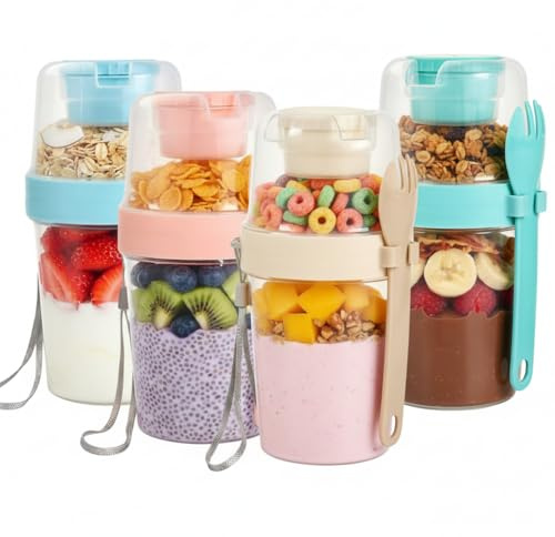 Müslikopp To Go med sked, 4 yoghurtkoppar To Go, 800 ml yoghurtkopp | 2 i 1 müsli kopp för yoghurt frukt grönsaker för skola kontor resa gröt kopp (blå mintgrön rosa vit)