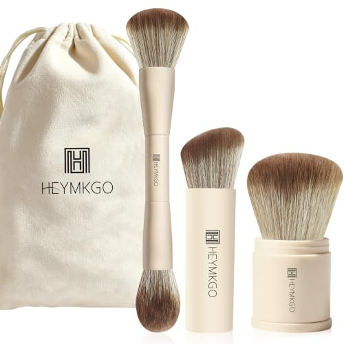 HEYMKGO 3Pcs Pennello Fondotinta, Pennello Trucco a Doppia Testa, Pennello Kabuki Retrattile, Pennello Blush Angolato – Set Pennelli Make Up con Borsa per Liquido, Crema e Cipria – Buffing Blending
