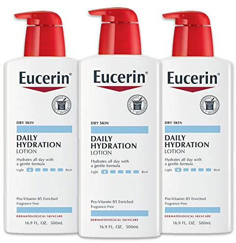 Eucerin Daily Hydration Body Lotion, Unscented Body Lotion for Sensitive Dry Skin, Holiday Gifts for Self Care, 16.9 Fl Oz Pump Bottles, Pack of 3