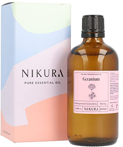 Nikura Geranium Essential Oil - 100ml | Geranium (Bourbon) Oil for Sleep, Aromatherapy, Diffusers for Home, Candle-Making, Bath, Anxiety, Massage, Skin | 100% Pure Natural Oils | Vegan & UK Made