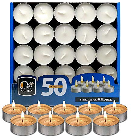 Ohr Candles Velas de Té - Paquete de 50 Velas de Té sin Perfume - Velas de Larga Duración 4 h - Velas Blancas en Taza Aluminio