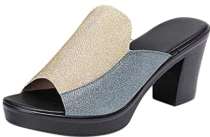Women's Slip on Block Heel Slide Sandals,Chunky High Heel Mules Peep Toe Slide Sandals for Women 02_Silver 5.5