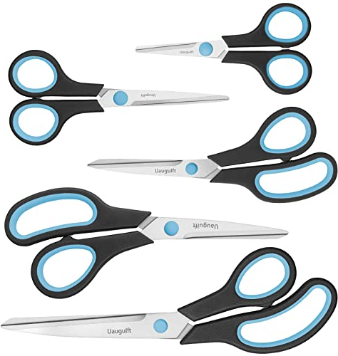 Uaugulft Schere, Edelstahl Allzweckschere, Bastelschere mit Soft-Grip-Griff, Blau & Schwarz, 24,9 cm/21,6 cm/19,3 cm/15,2 cm/12,7 cm, 5 Stück