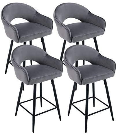 chairus Barhocker 4er Set Samt Barstuhl Küche, Gepolstert Barhocker Drehbar Tresenhocker mit Lehne, Barstuhl Schwenkbar für Esszimmer Hausbar, Grau