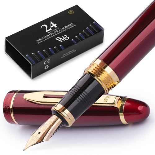 Wordsworth & Black Pluma Estilográfica Majesti (Roja), Estuche De Lujo, Acabado En Oro De 24 Quilates; Cartuchos De Tinta De Punta Extra Fina Dorada De 18 Quilates, Convertidor, Pluma De Caligrafía