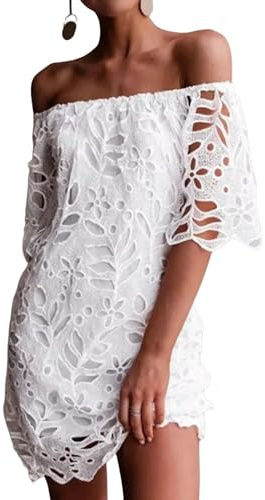 Primavera Verano Viaje Vestido de Encaje Sexy Fuera del Hombro Media Manga sin Tirantes Moda Ahueca hacia Fuera Faldas Vestidos Casuales de Color sólido