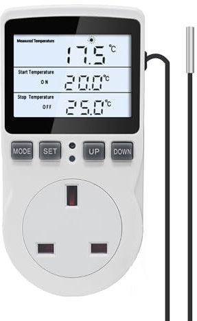 KETOTEK KT3100BL Digital Thermostat Plug Socket UK HD LCD Display Temperature Controller Outlet 16A 100-250Vac Blue Backlight with 3m Temperature Sensor for Reptile,Incubator,Greenhouse,aquarium