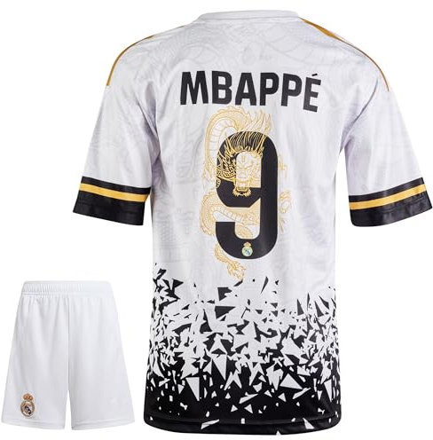 IHIMI Mbappe Trikot Kinder #9 Fußballset mit Trikot, Shorts, Socken, 4 Poster, Schlüsselanhänger, Sticker & Weihnachtsmütze Real Madrid Fußballtrikot für Training, Freizeit & Christmas Geschenk (128)