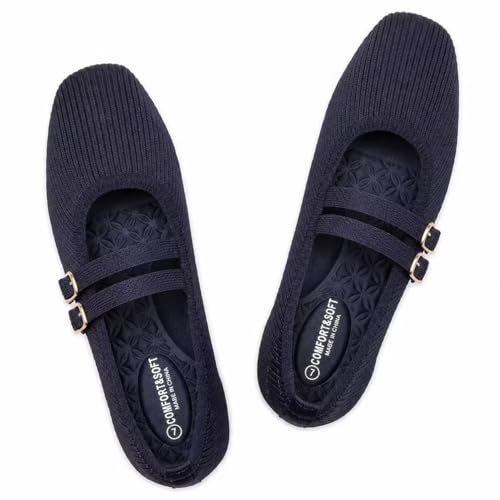 Frank Mully Damen Flats Square Toe Mary Jane Ballerinas mit Riemchen Bequeme Schlupfschuhe Strickschuhe Elegant Casual, Blau, 36 EU