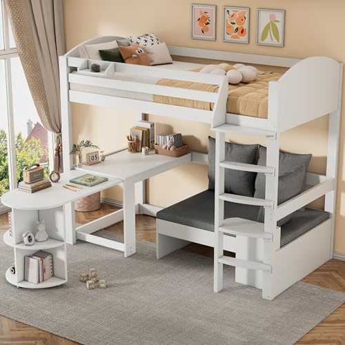 YESGIGA Cama alta para niños, cama infantil multifuncional, con una escalera, con mesa extensible, sofá con espacio de almacenamiento y tres cojines y cojín, con estantes de almacenamiento, 90 x 200