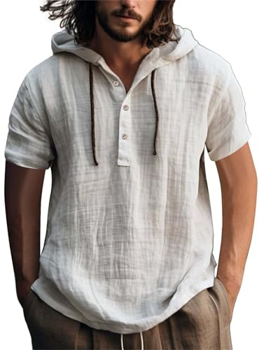 Huvtröjor för män UK: Bomull linne skjorta med huva enkel pullover toppar ledig dragsko enfärgad huvtröja t-shirts män sommar långärmad knapp upp tröjor arbetsskjortor med huva, Z029vit, 3XL