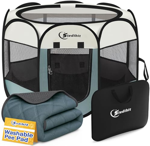Siedihit Dog Pet Playpen Tent Crate Cage with Washable Pee Pad, Medium Grey