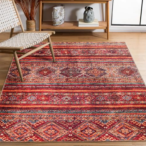 NETLINE HOME Teppich Wohnzimmer - Waschbarer - Teppich Rutsch Stop - rutschfeste Teppiche Aus Baumwolle Gewebt - Vintage Boho Teppich Für, Schlafzimmer Küche Flur Und Salon (ROT, 120X180)