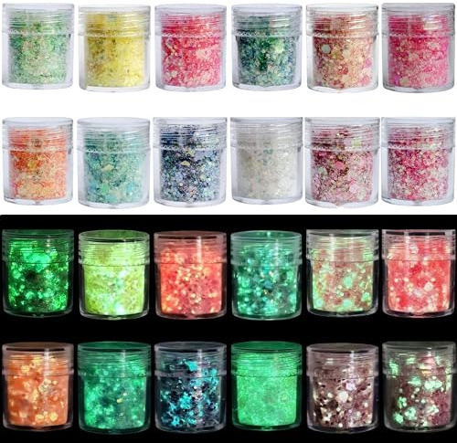 Wenrescry 12 Couleurs Paillettes Fluorescentes – Poudres Chunky et Fines – Visage, Corps, Cheveux, Ongles – Maquillage Festival, Halloween, Brille dans le Noir