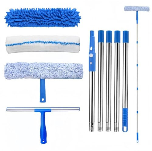 2m Window Squeegee Cleaner Kit, Windows Glass Cleaning Tool, Adjustable Long Handle Window Cleaning Equipment, Window Washing Squeegee and Scrubber Cleaning Equipment, for High Windows,Ceilings,Blue