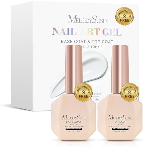 MelodySusie 2PCS Hema Free Gel Top Coat and Base Coat Set,No Wipe,Soak off UV LED Drying,Long Lasting Gloss Shiny 15ML
