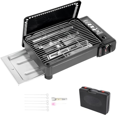 Charocean Tragbarer Camping Gasgrill Klein mit Grillnetz, Kartuschen Gasgrill Tischgrill Gas, Mini Gaskocher mit Grillplatte, Gaskartuschen Camping Grill Gas Klein Grill Camper für Reisen, Trekking