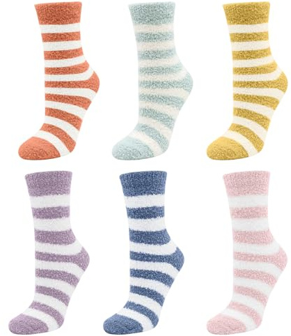 VEGCOO 6 Pairs Cozy Fluffy Striped Slipper Socks for Women 36-41, Soft Fuzzy Bed Socks, Winter Fluffy Comfy Sleeping Warm Socks (Orange/Purple/Green/Pink/Blue/Yellow)