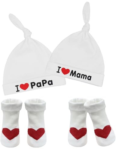 2 Pares Calcetines Bebe y 2 Piezas I Love Mama and I Love Papa Gorro de Bebé Beanie, Regalos para Bebés por 0-3 Meses Niñas Niños Sombrero de Gorro de Algodón Unisex Calcetines para Navidad Año Nuevo
