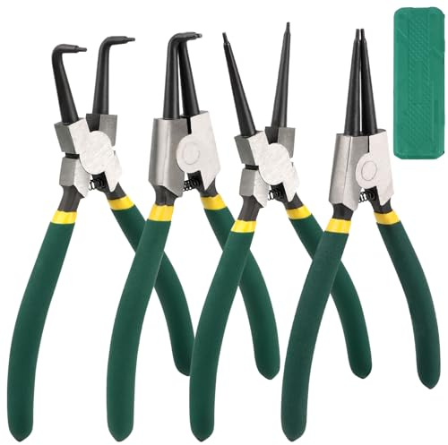 Set di 4 Pinze per Anelli di Sicurezza, 180mm Pinza per Anelli Elastici con Borsa Portatile, Pinze ad Anello Elastiche con Impugnatura Antiscivolo, Punte Dritte e Curve per Bloccaggio Interno ed Ester