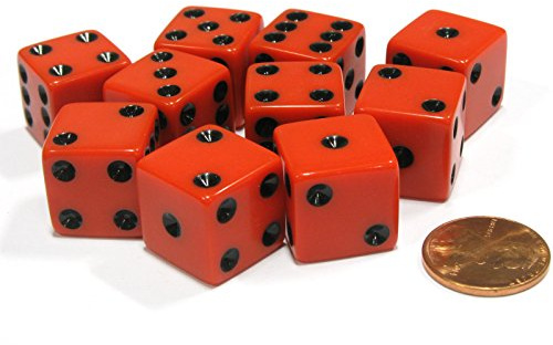 Set of 10 Six Sided Square Opaque 16mm D6 Dice -Red with Black Pip Die by Koplow Games