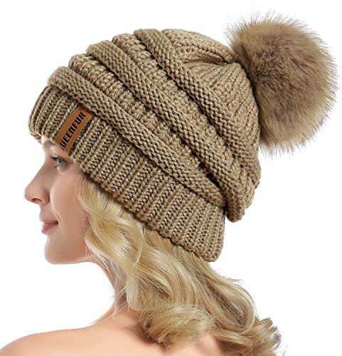 QUEENFUR Bonnet Ample en Tricot pour Femme avec Pompon en Fausse Fourrure, Doux et Chaud, B7-Kaki, Taille L
