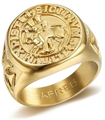 BOBIJOO Jewelry - Bague Chevalière Sceau Templier Christ Croix Sigillum Militum Xpisti Acier Or Doré Plaqué - 75 (15 US)