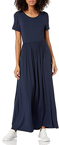 Amazon Essentials Women's Fit and Flare Short Sleeve Waisted Maxi Dress (Available in Plus Size), Navy, XXL