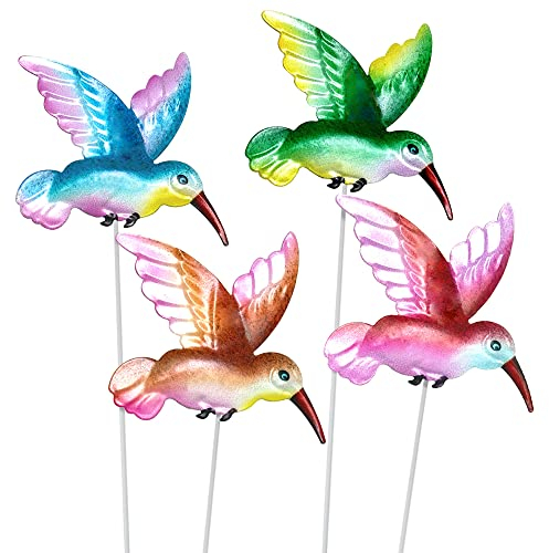 Lot de 4 piquets de jardin en métal en forme de colibri, 35,6 cm de haut, piquets décoratifs en métal pour pelouse, allée, patio, pot de fleurs, parterre de fleurs (couleurs)