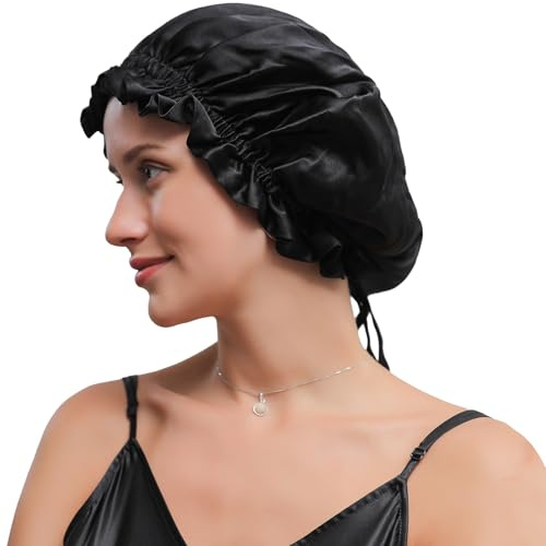 ZIMASILK 100% Mulberry Silk Bonnet for Women Hair Care, Double-Layer Silk Shower Cap, Natural Silk Hair Wrap for Sleeping with Elastic Stay On Head (1Pc, Black)