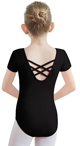PLIKSUVER Ballettanzug Mädchen, Kinder Ballett Trikot Kurzarm Ballett Gymnastik Turnanzug Tanz-Body aus Baumwolle für Damen Kinder Schwarz Weiß Rosa(Größe 110-170)