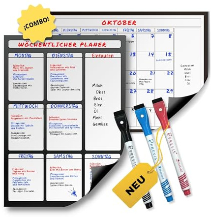 Previs Combo A3 Calendario Magnético Mensual + Planificador Semanal Magnético para Nevera y Escritorio - Organizador con Imán - Planificador Jornada, Menú, Compra, Rutina, Estudios, Tareas, Trabajo.